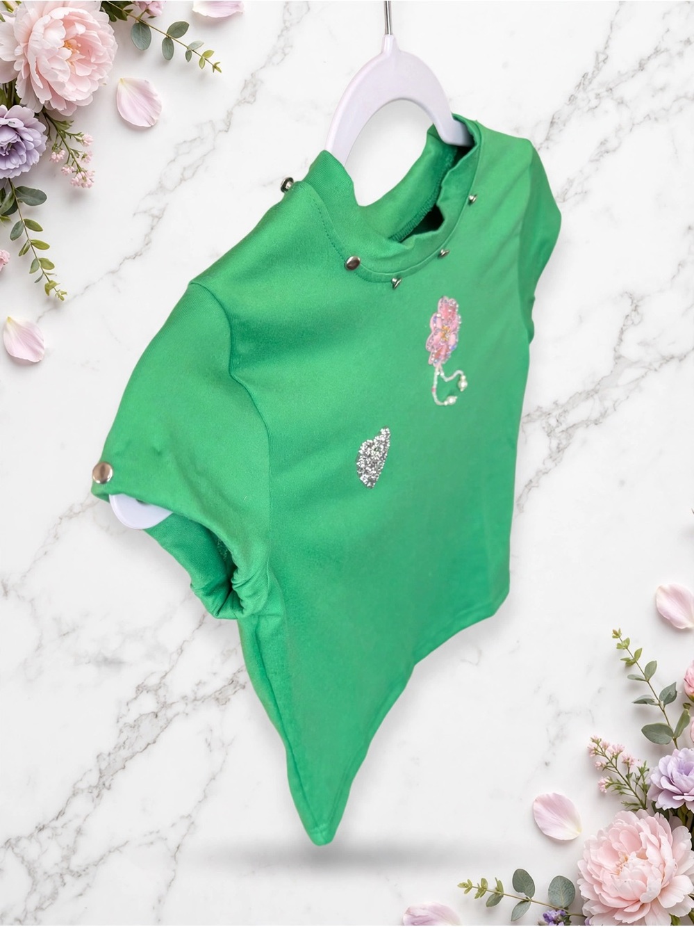 Girls Bright Green Short Sleeve Tee with Flower & Heart Accents - Picture 2 of 4